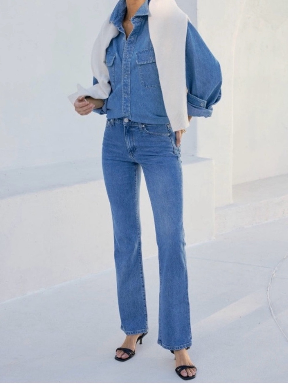 AYR Mid-Blue Flare Jeans — High-Rise Wide Leg